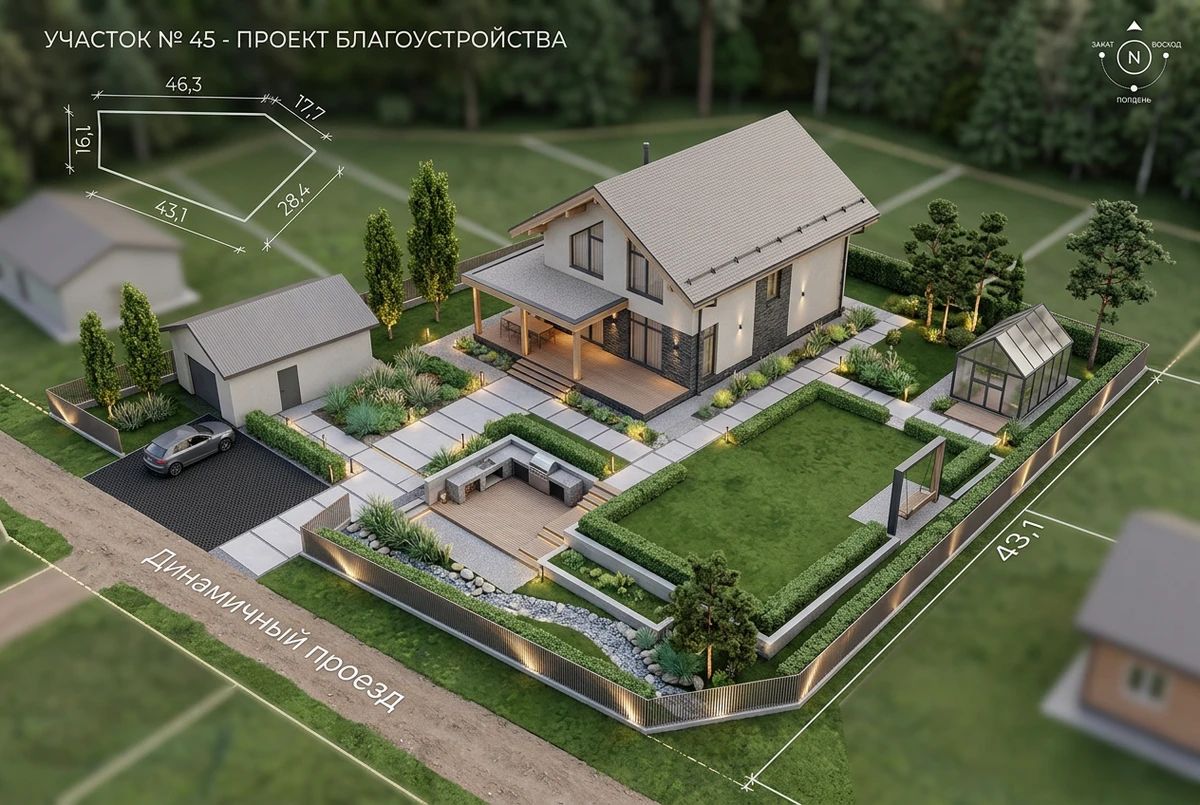 Ландшафтный дизайн в стиле Современный — Участок от нейросети AI Facade