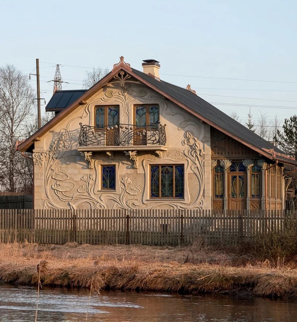 Дизайн фасада в стиле Модерн (ар-нуво) — фото фасада от нейросети AI Facade
