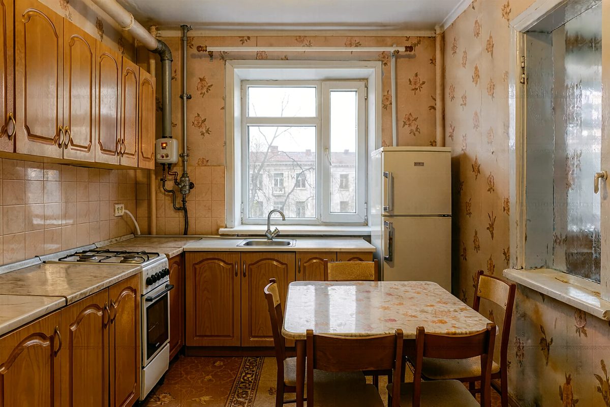 Старая кухня в хрущёвке: деревянные шкафы, газовая колонка, трубы, плитка в цветочек и старый холодильник
