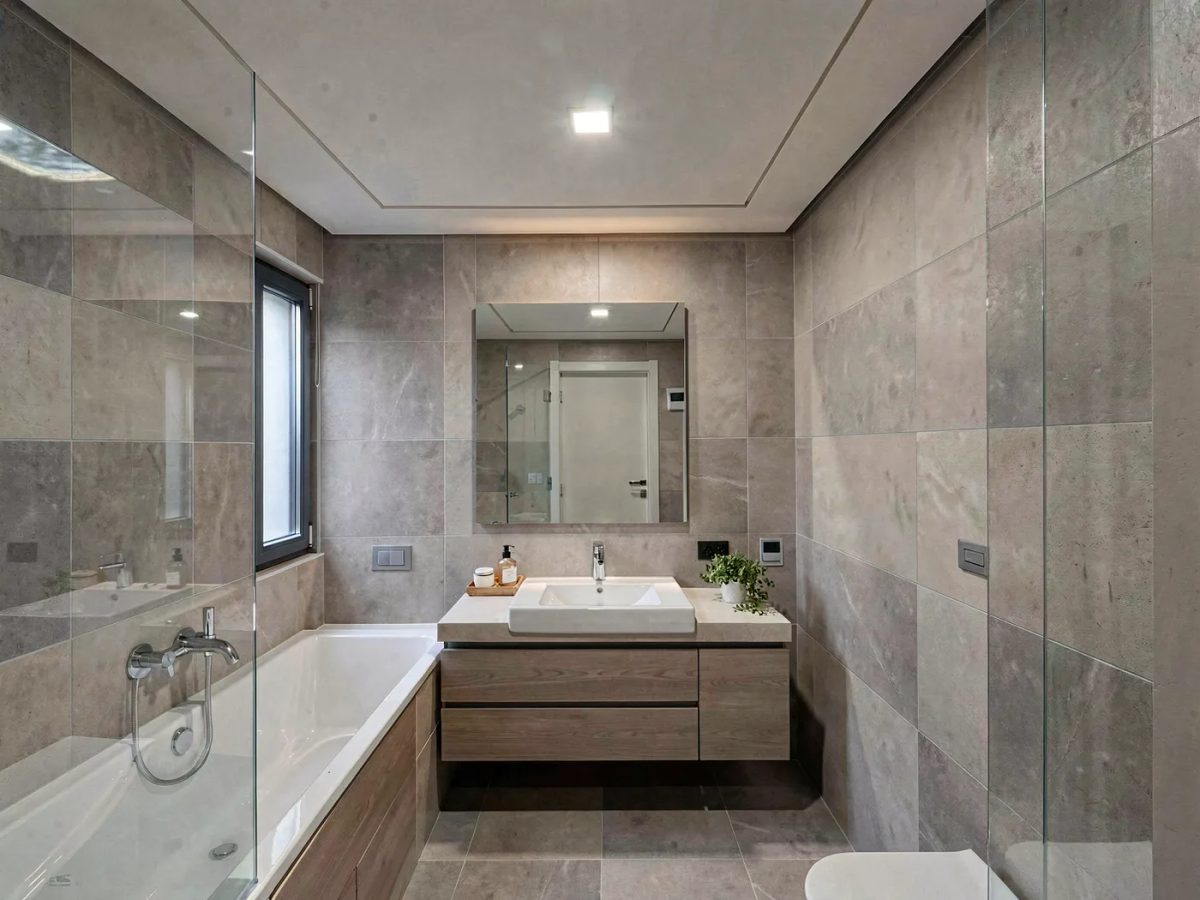Современная ванная с двухуровневым потолком и подсветкой