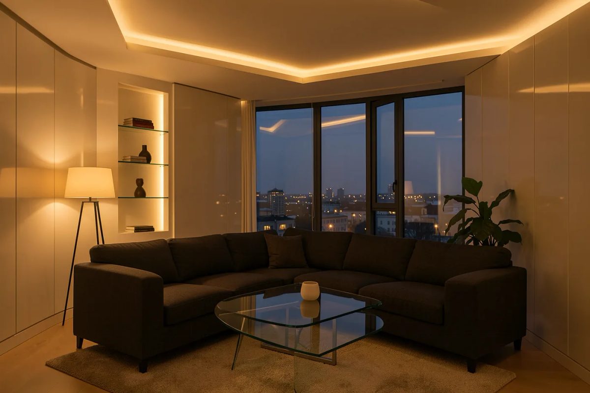 Гостиная в стиле хай-тек вечером с тёплой подсветкой