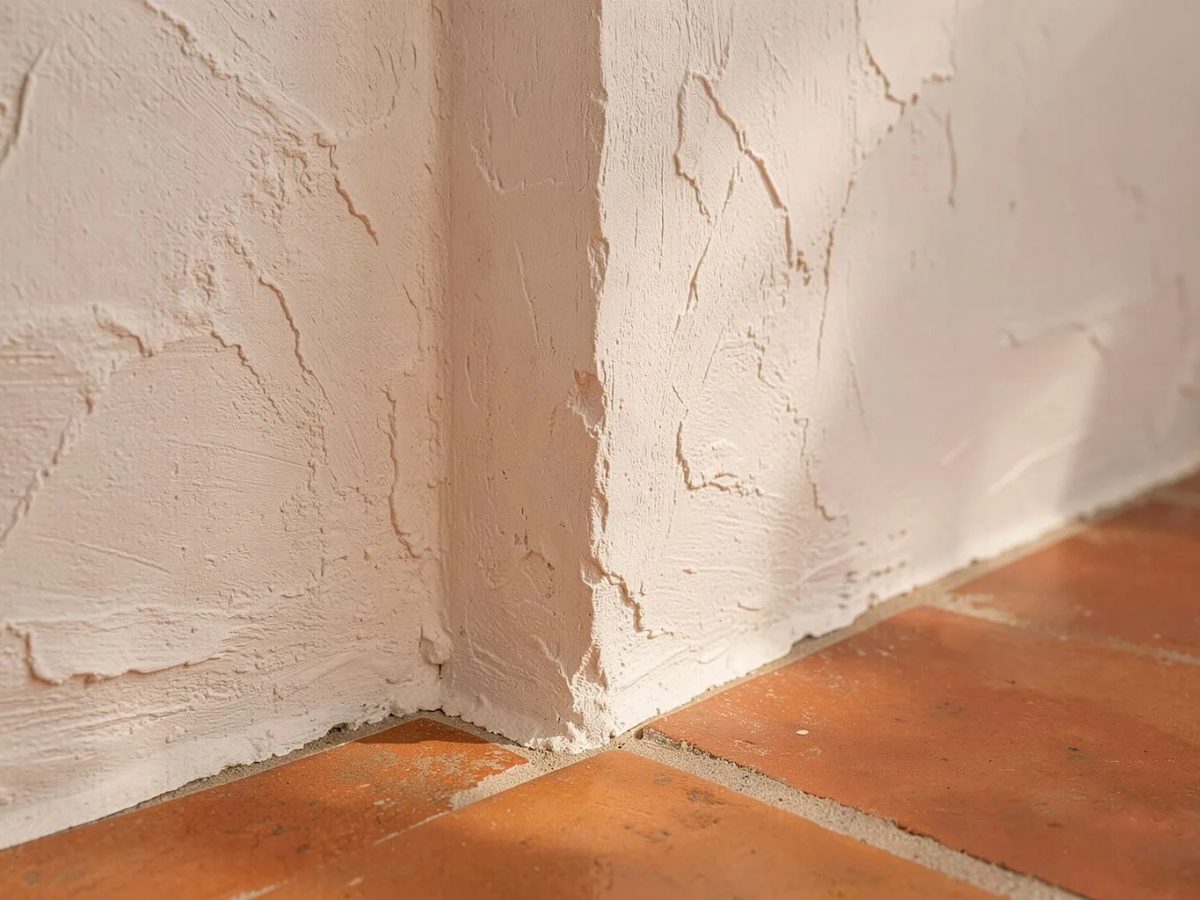 Известковая стена и терракотовый пол крупным планом