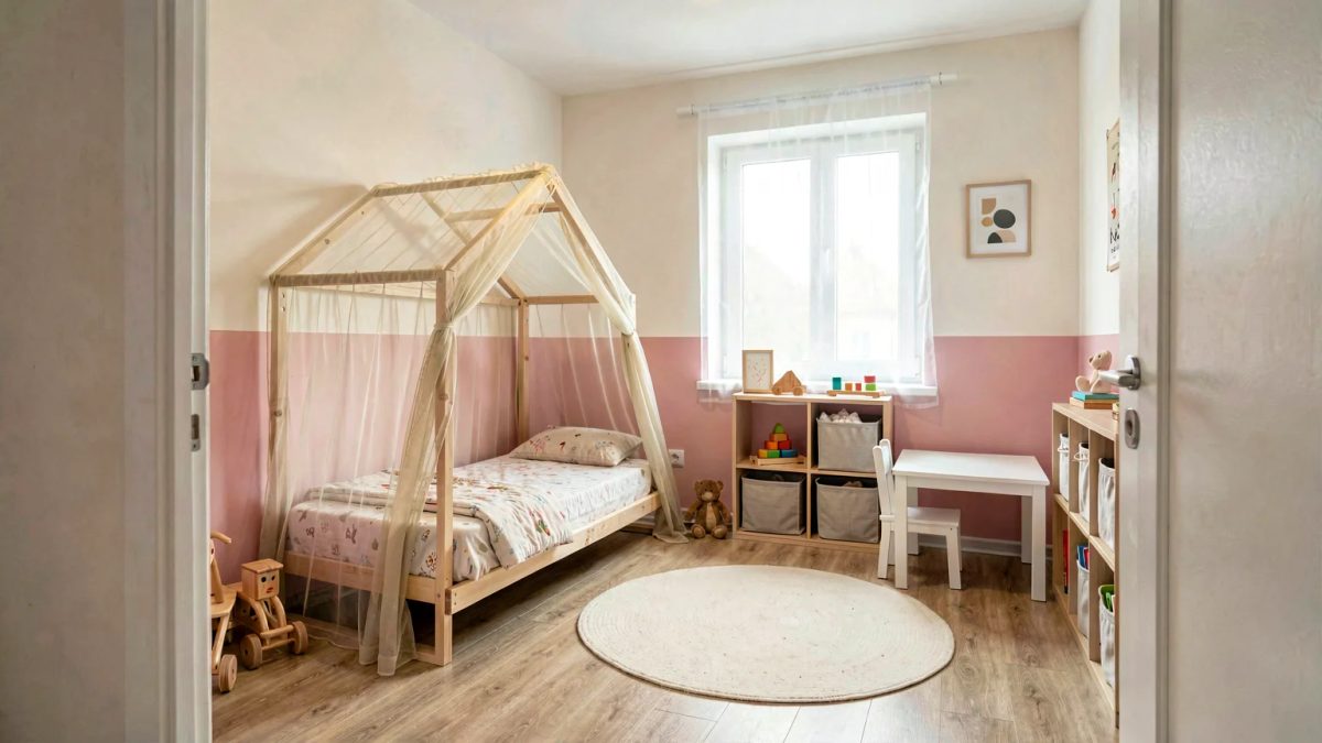 Детская для девочки 4–6 лет: кровать-домик с лёгким балдахином, двухцветные стены — пудровый низ и белый верх, столик у окна, открытые полки
