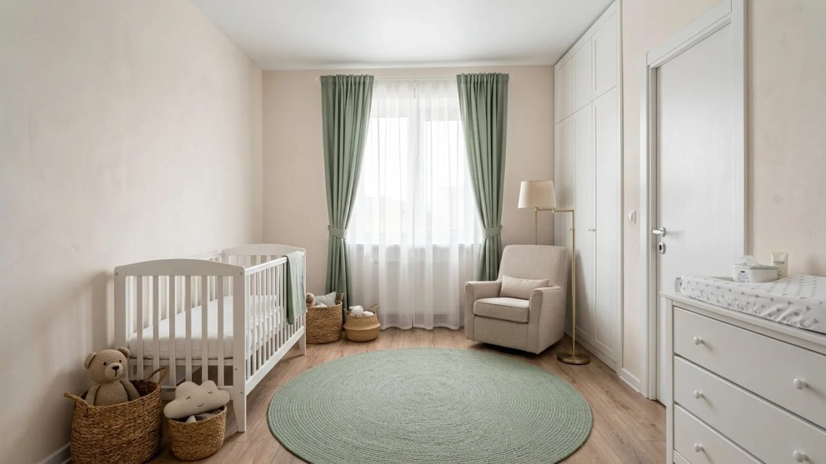 Детская для новорождённого в той же комнате 12 м²: кроватка у левой стены вдали от окна, комод-пеленальник, кресло для кормления, шкаф до потолка