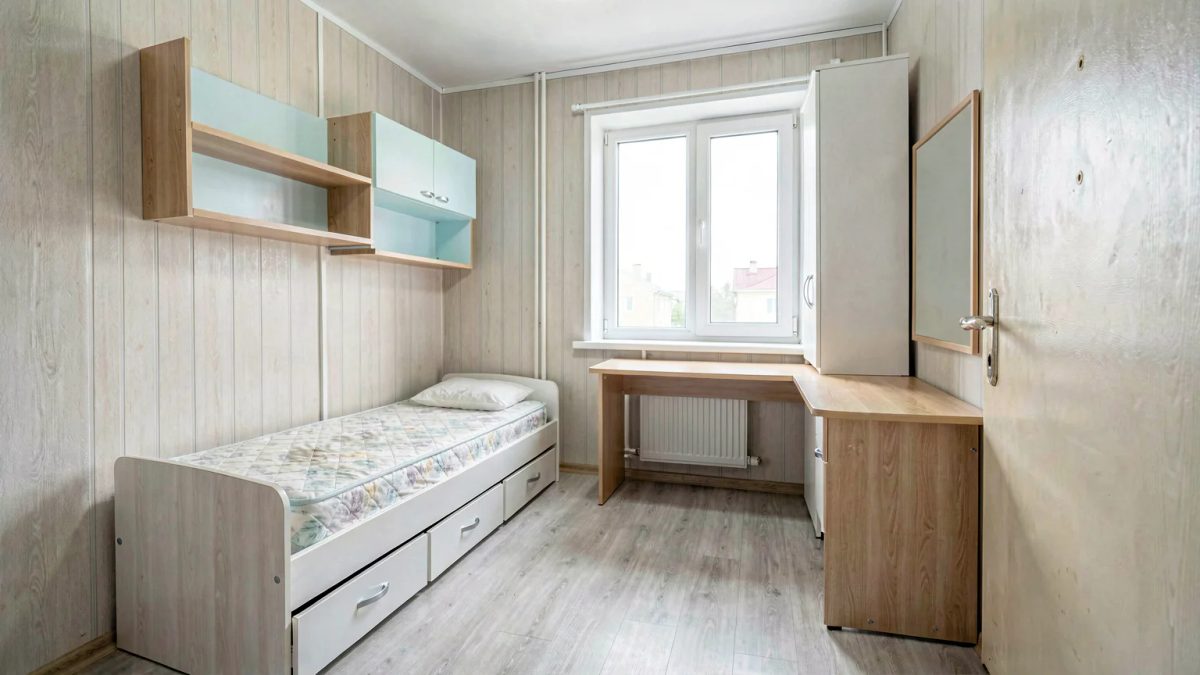 Квадратная детская 10 м²: кровать с ящиками вдоль левой стены, стол у окна боком к свету, шкаф с зеркальным фасадом у двери, полки над кроватью