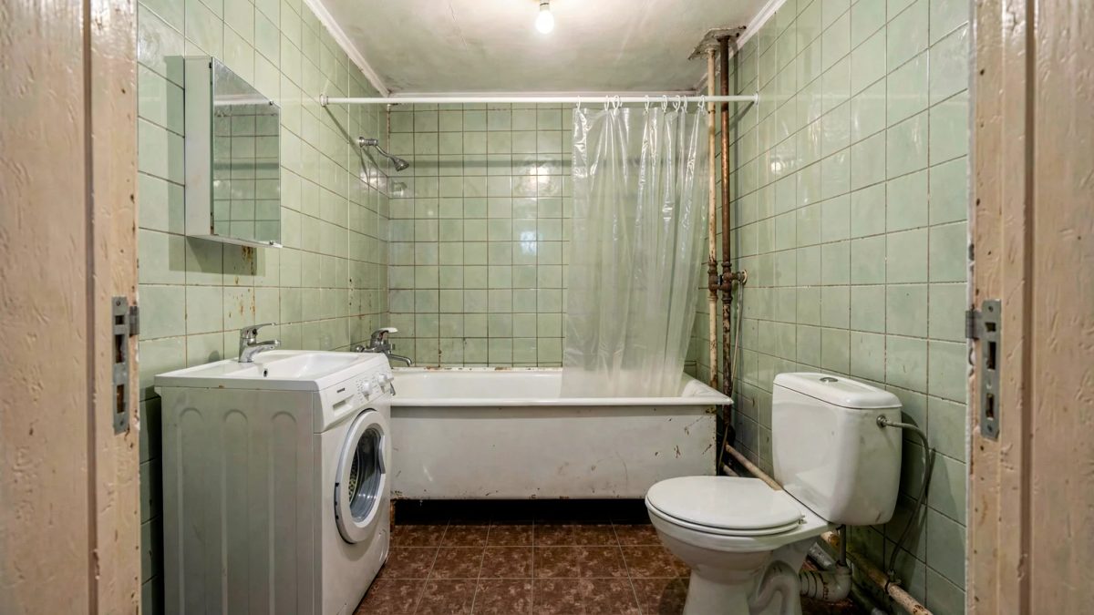 Совмещённый санузел 4,5 м² до ремонта: ванна со шторкой, унитаз с бачком справа, раковина над стиральной машиной слева, зелёная плитка