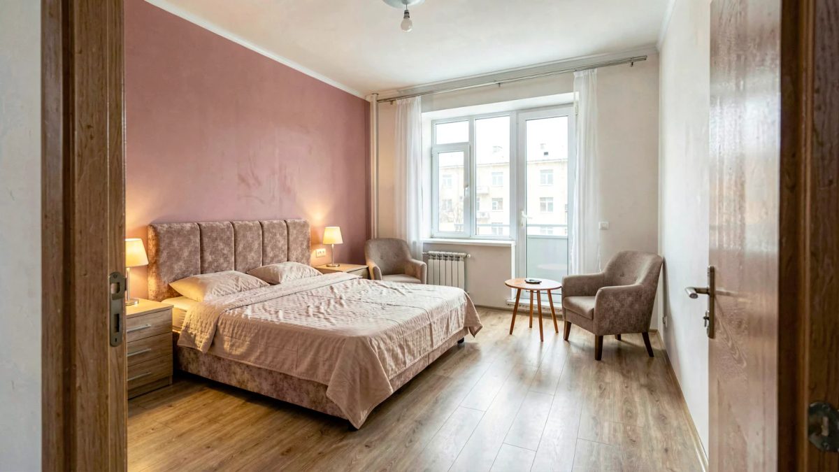 Однушка в П-44 после ремонта: комната 18,9 м² работает как спальня, у окна два кресла и столик, рядом выход на лоджию