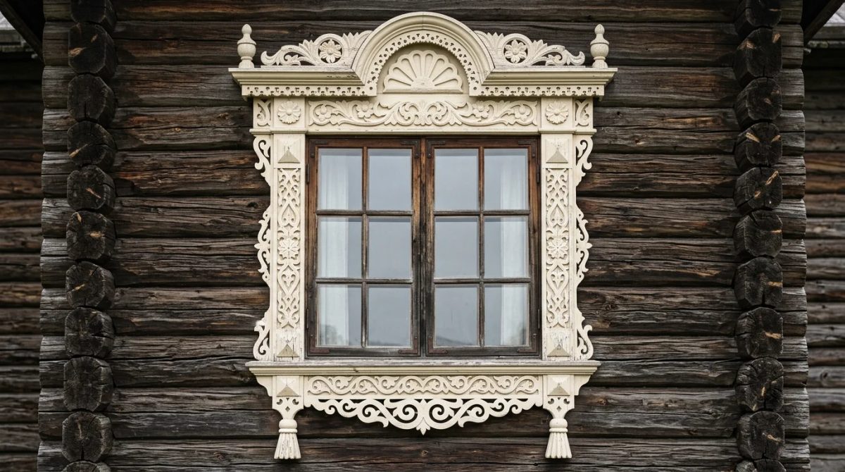 Резной наличник в сборе: очелье с кокошником, боковины, подоконная доска с фартуком и свисающие серьги