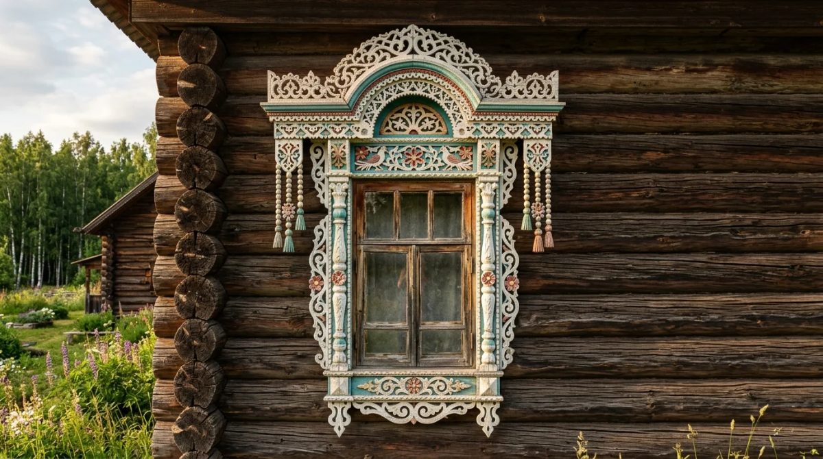 Резной наличник с очельем, боковинами и серьгами на бревенчатом доме