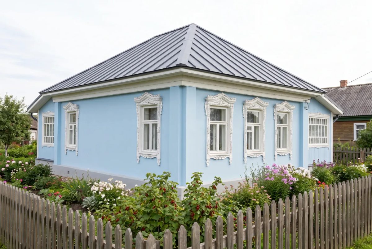Голубой · дача / кантри — синий фасад дома, AI Facade Голубой фасад дома RAL 5012/5015 с белыми деревянными наличниками — дача в кантри стиле