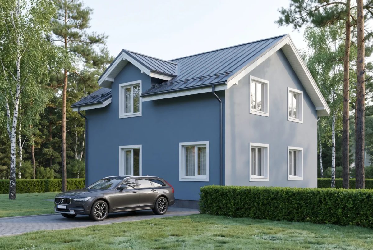 Стально-синий · сканди — синий фасад дома, AI Facade Стально-синий фасад дома RAL 5007/5009 скандинавский стиль с серой кровлей