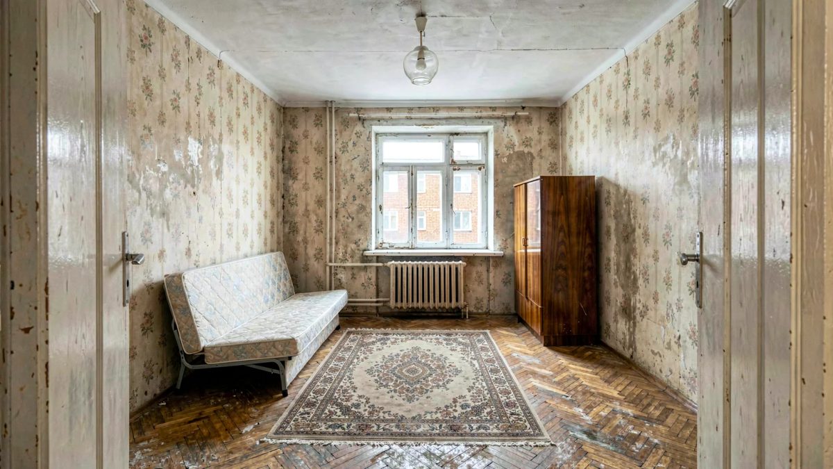 Спальня 9 м² в хрущёвке до ремонта: потолок 2,5 м, старые деревянные рамы, чугунная батарея, диван-кровать