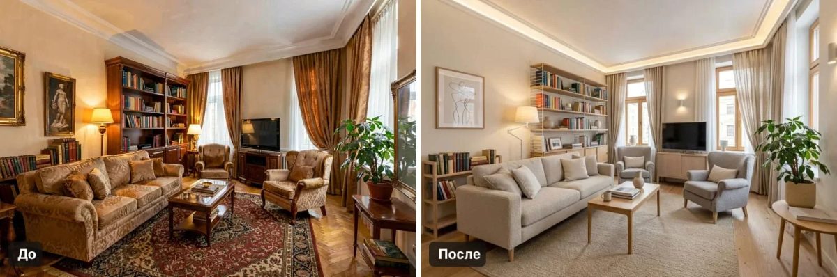 Гостиная до и после: классическая комната с жаккардовым диваном, стеллажом из тёмного дерева, красным ковром и тяжёлыми золотистыми шторами стала светлой — диван букле, серые кресла, открытый стеллаж, льняные шторы и подсветка потолка, окна на прежних местах