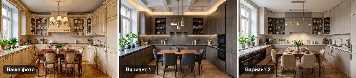 Кухня в трёх версиях: исходное фото классической кремовой кухни со стеклянными шкафами, люстрой и деревянным столом; вариант 1 — графитовые фасады, кессонный потолок с подсветкой и латунные подвесы; вариант 2 — светлые серо-бежевые фасады и линейный светильник над столом