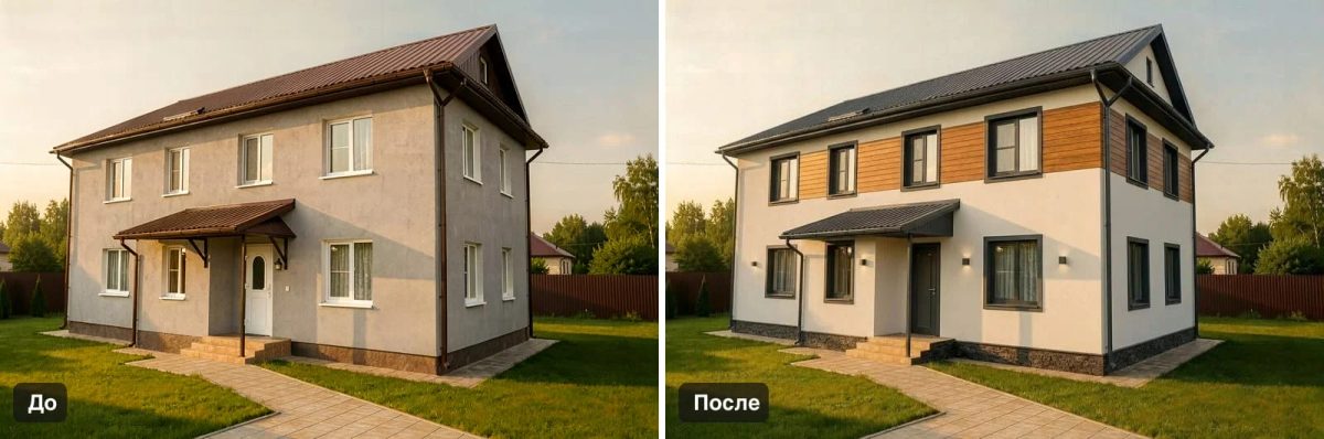 Фасад до и после: двухэтажный дом в серой штукатурке с коричневой кровлей стал белым, с полосой панелей под дерево на втором этаже, графитовой кровлей, тёмными рамами окон, настенными фонарями и тёмным цоколем
