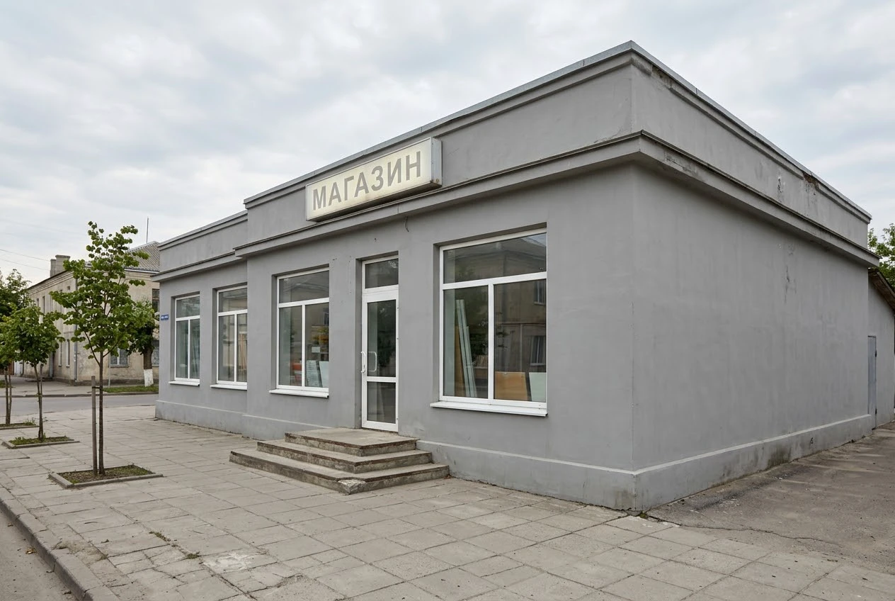 Фасад магазина до отделки — серая штукатурка, вывеска МАГАЗИН