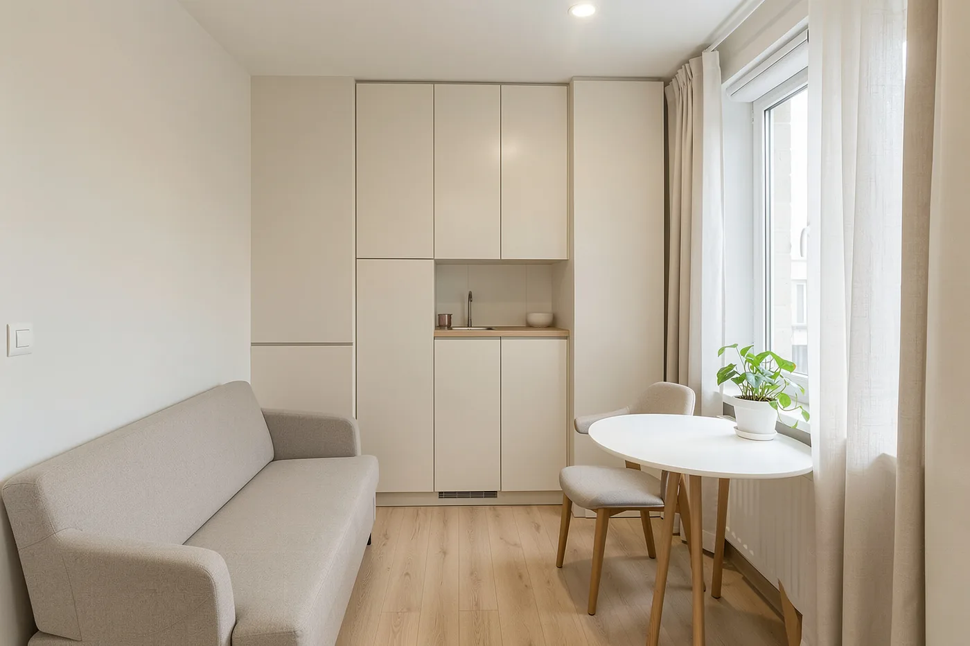 Квартира около 35 м²: диван, встроенный шкаф до потолка с кухонной нишей внутри, круглый стол на двоих у окна