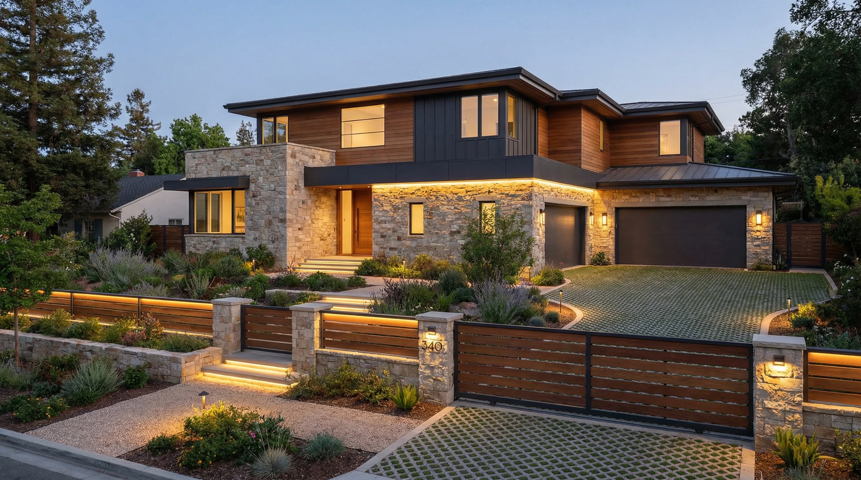 Полный экстерьер дома: фасад, сад, освещение