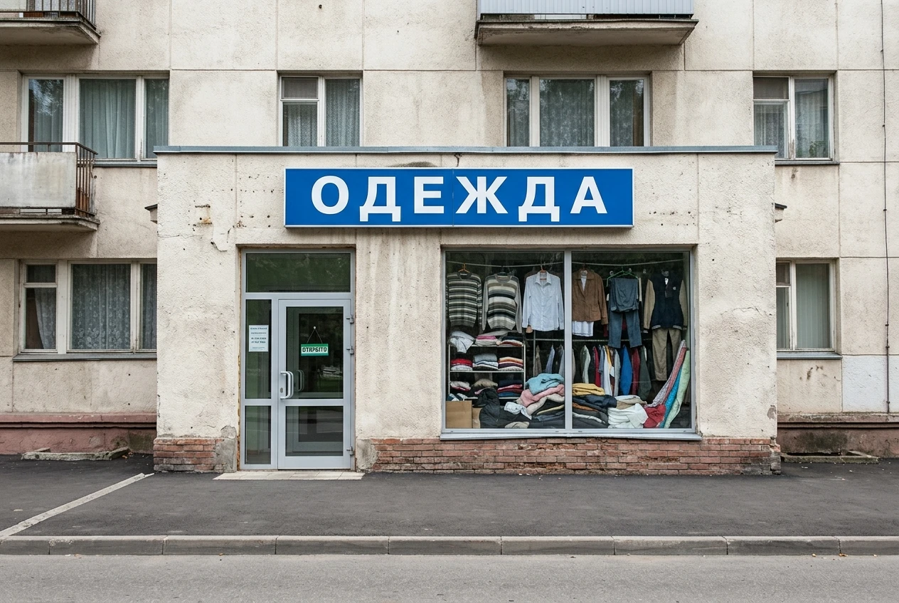 Фасад магазина одежды до редизайна — обычная вывеска ОДЕЖДА, витрина без композиции