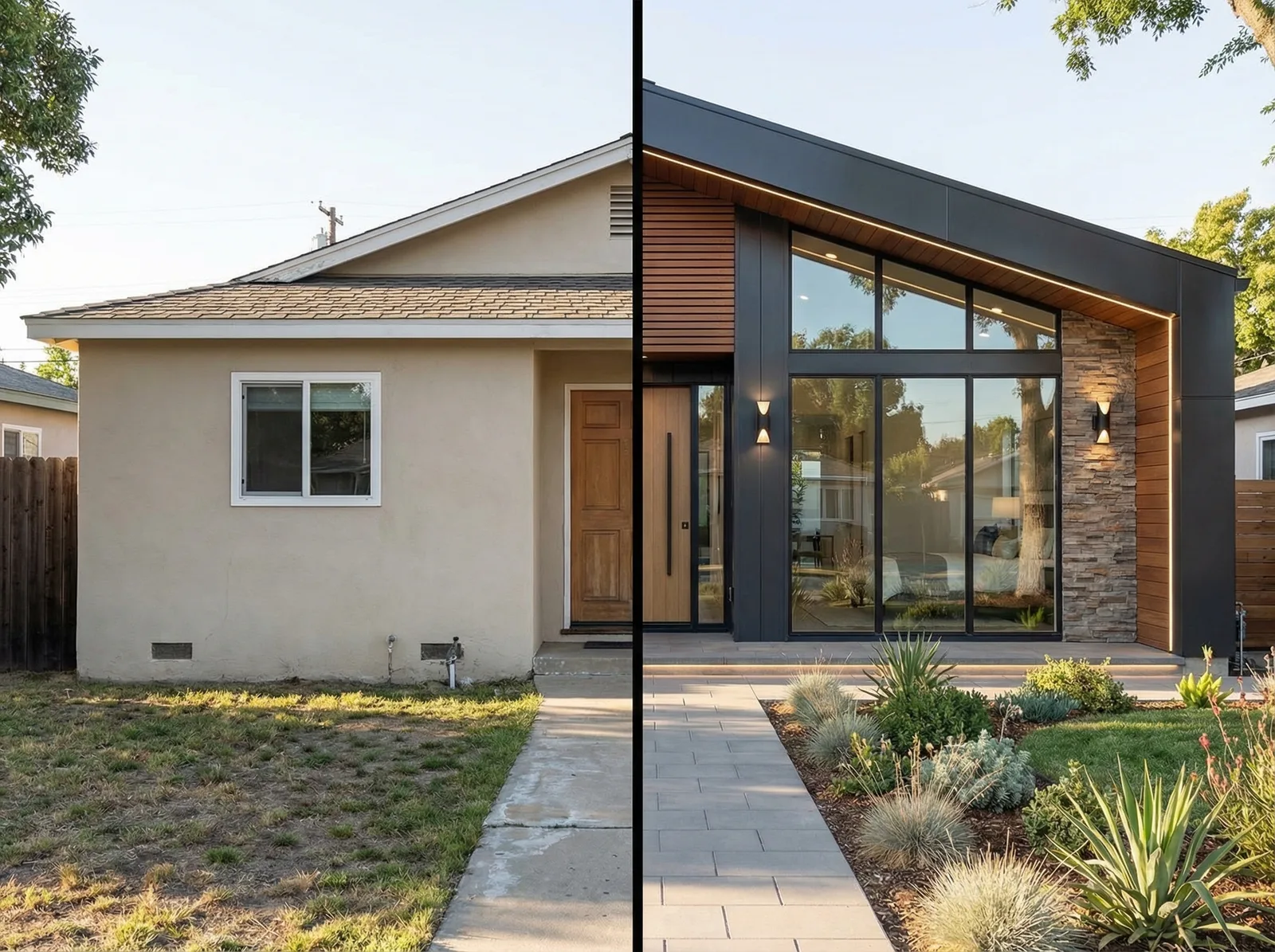 Визуализация фасада одноэтажного дома с нейросетью AI Facade