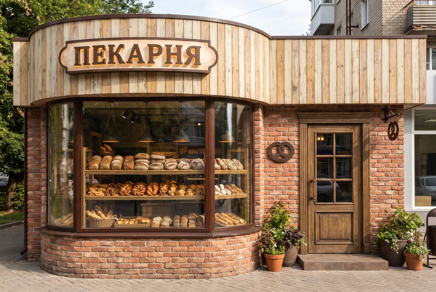 Дерево, кирпич и вывеска — фасад целиком