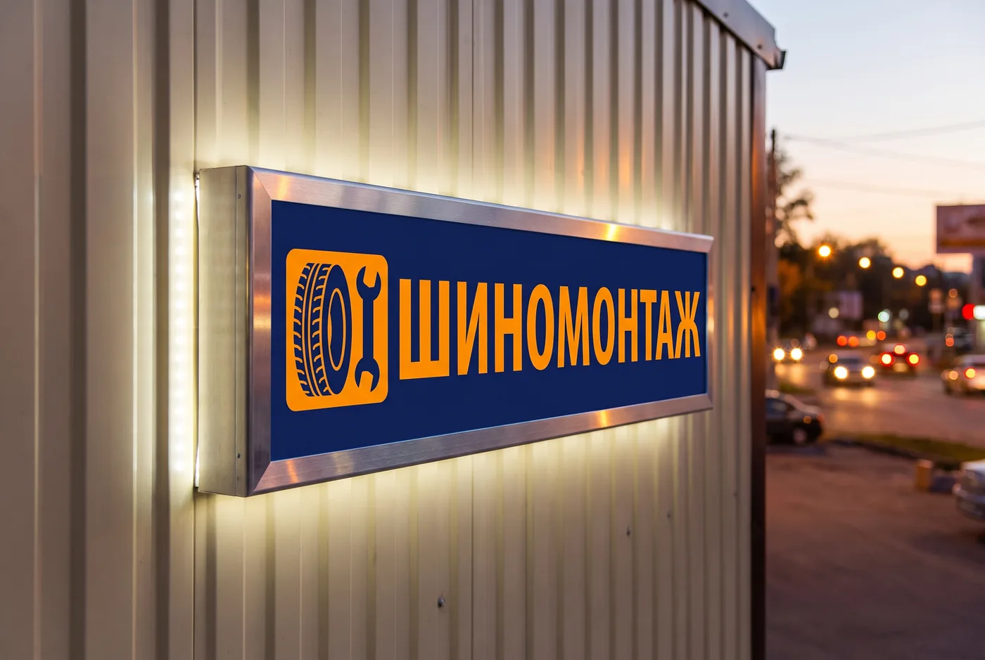 Вывеска «ШИНОМОНТАЖ» — световой короб Вывеска «ШИНОМОНТАЖ» — световой короб — фасад шиномонтажа крупным планом