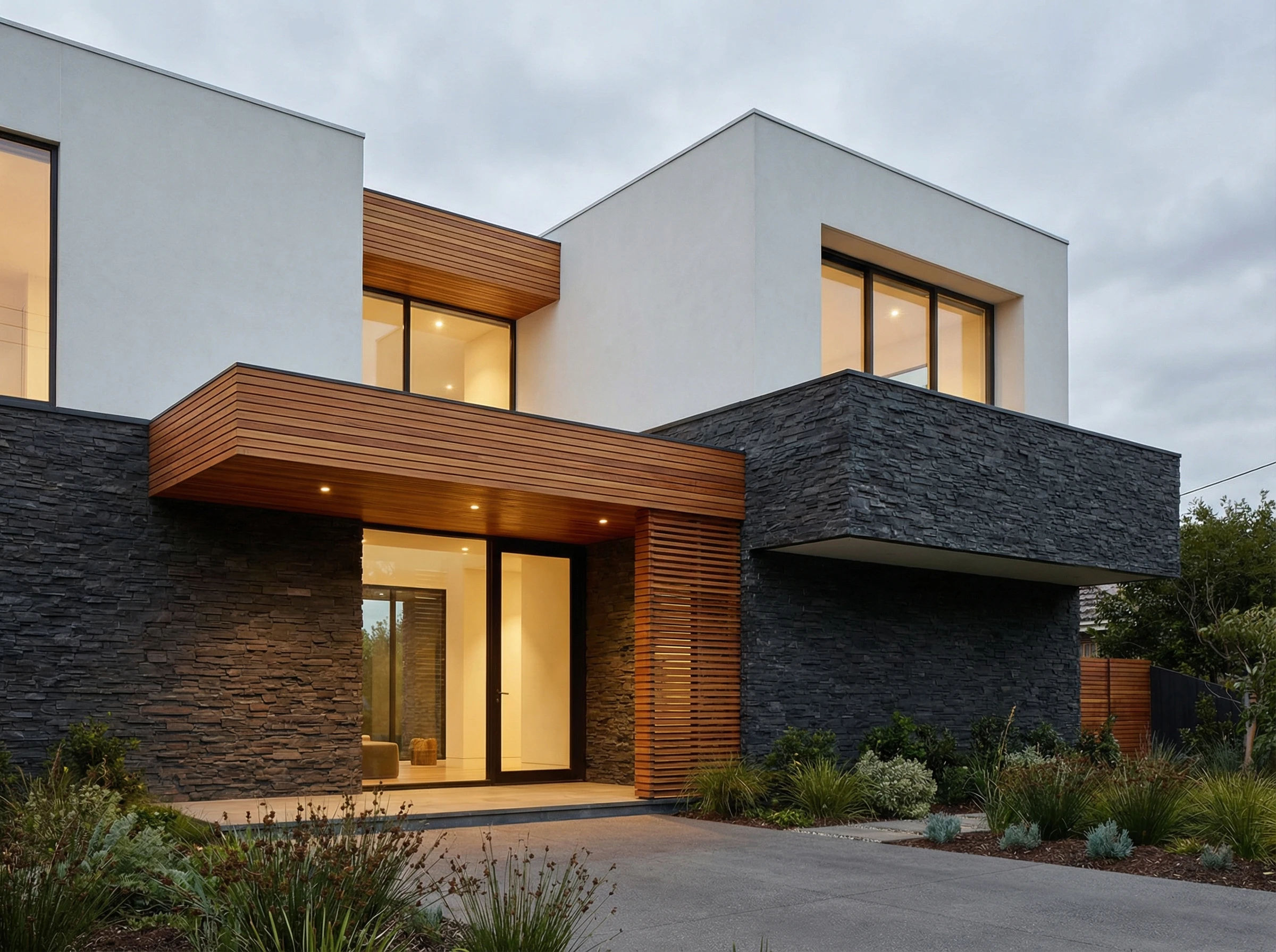 Красивый комбинированный фасад с контрастными материалами