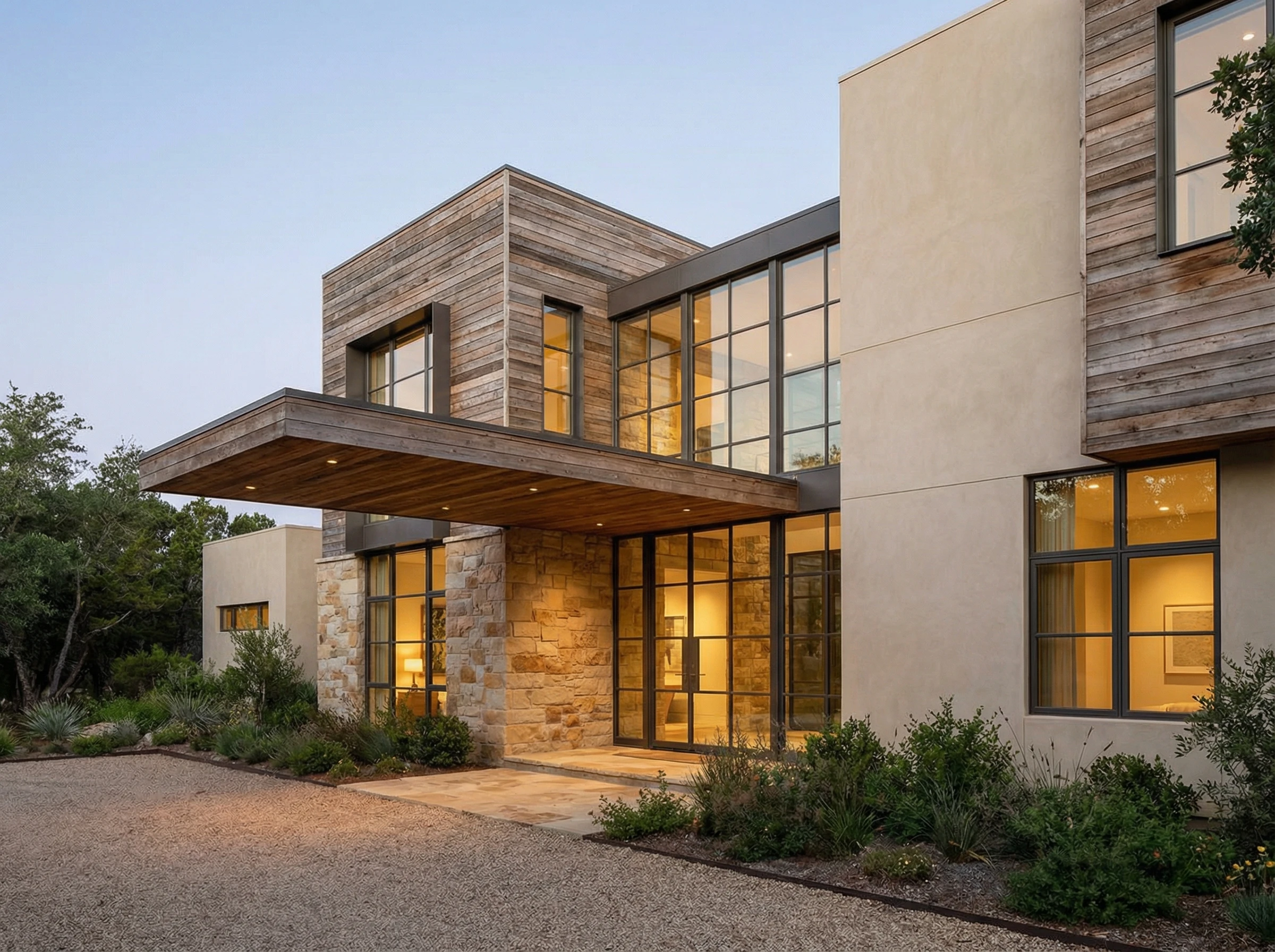 Визуализация комбинированного фасада дома с нейросетью AI Facade