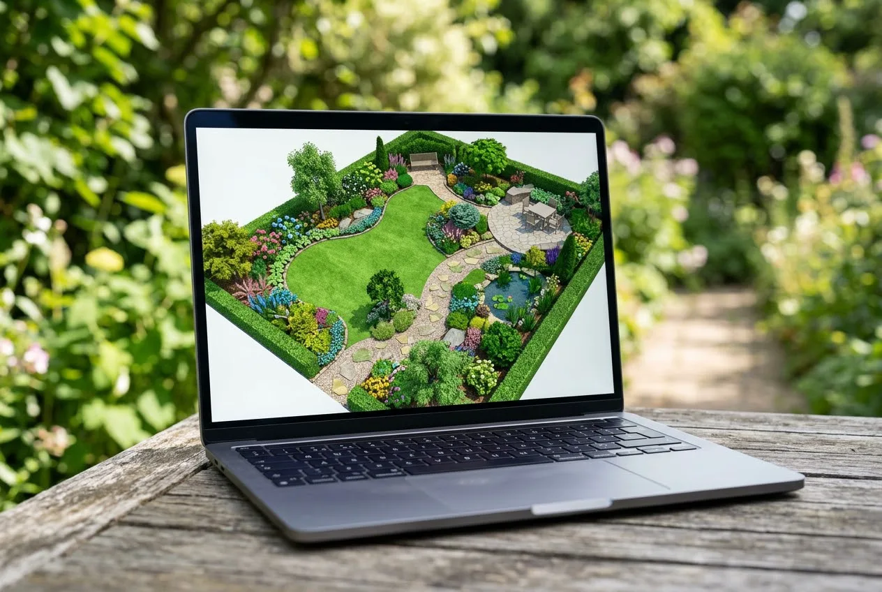 3D-визуализация сада на экране — результат работы в универсальном 3D-редакторе — программа для ландшафтного дизайна, сравнение результата