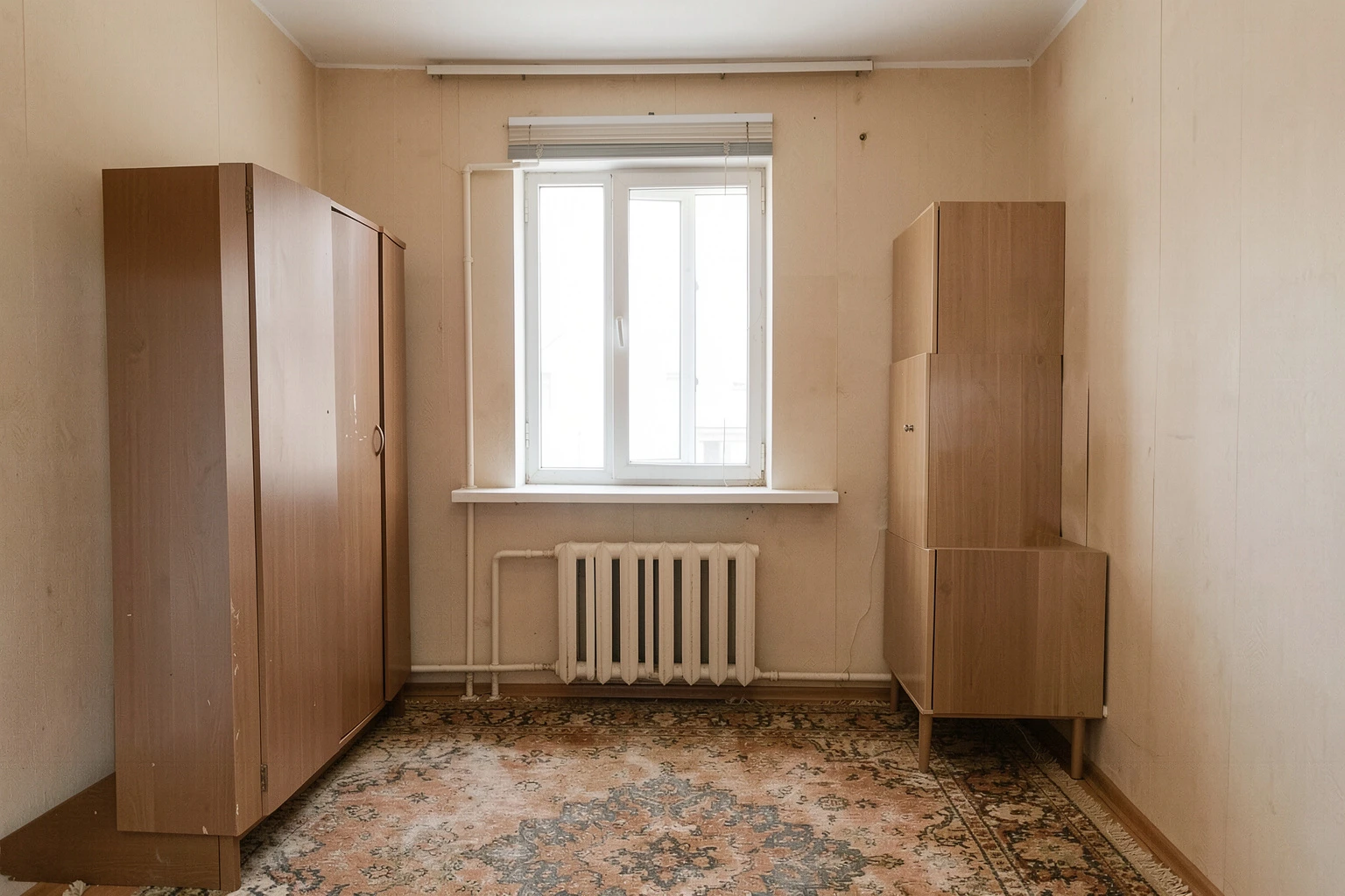 Жилая комната в панельной квартире до дизайна — коричневые шкафы, окно с радиатором под подоконником