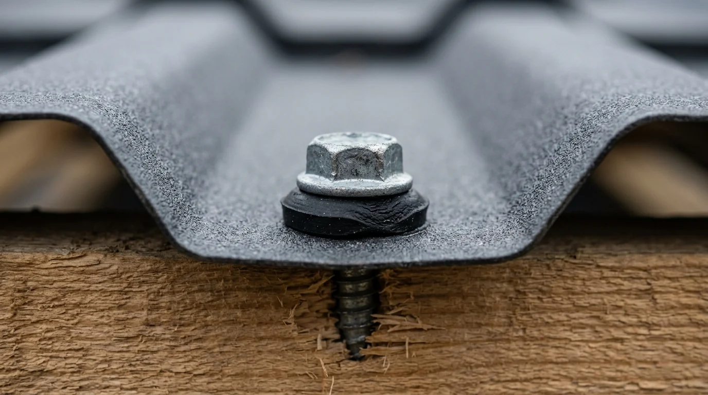 Кровельный саморез с EPDM-шайбой, закрученный в прогиб волны металлочерепицы над доской обрешётки