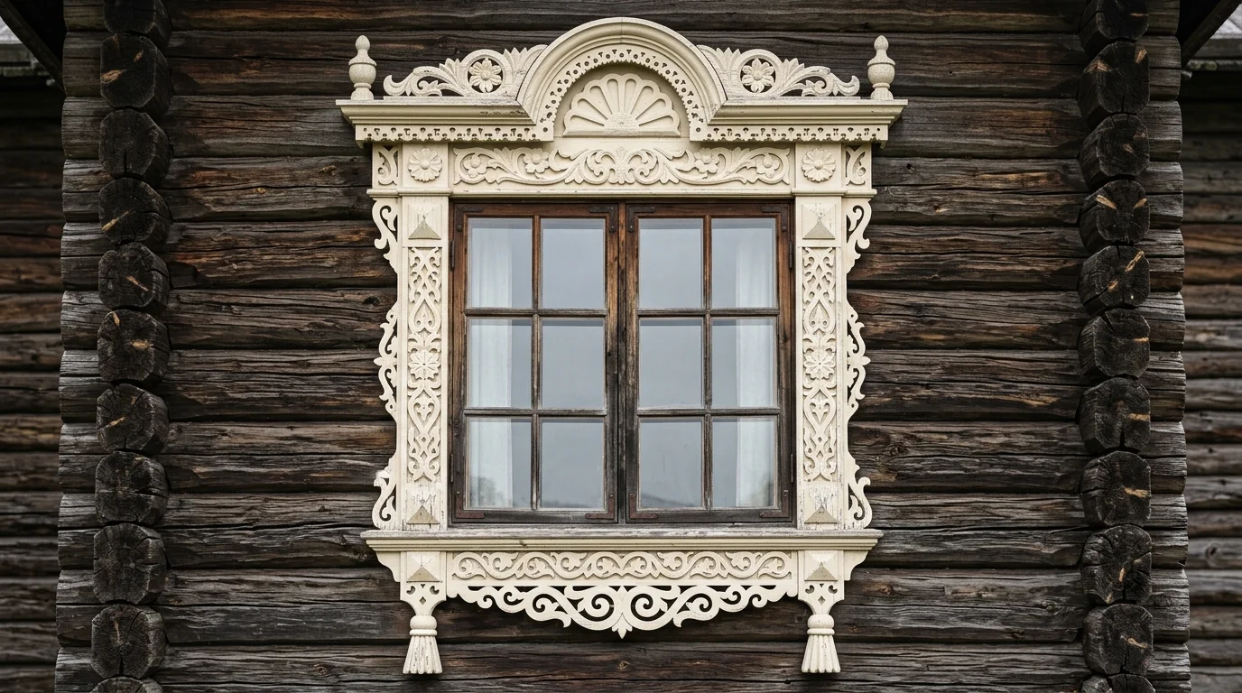 Резной наличник в сборе: очелье с кокошником, боковины, подоконная доска с фартуком и свисающие серьги