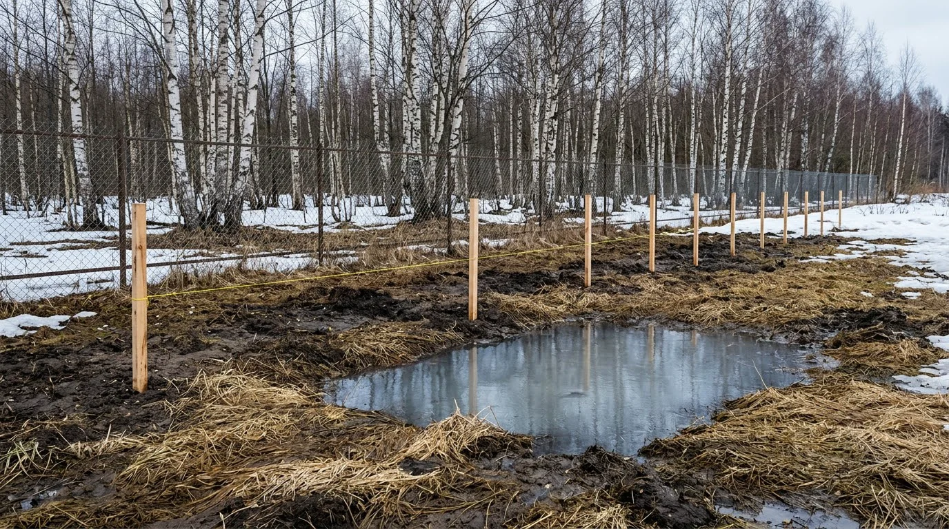 Участок ранней весной после схода снега: талая вода стоит в низине, по краю натянут шнур с колышками разметки границ